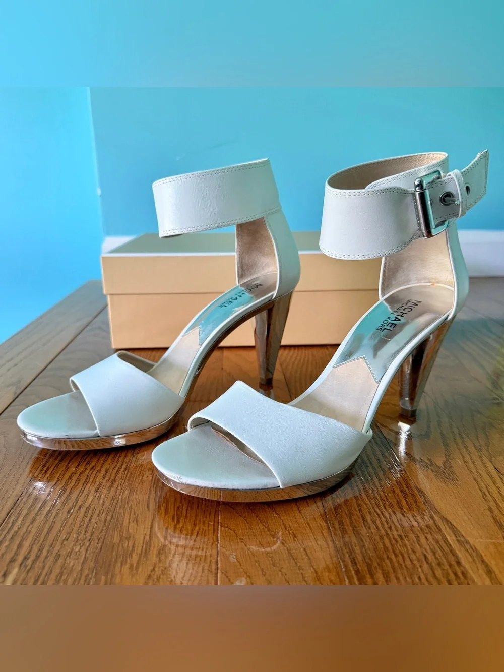 Michael Kors White Ankle-Strap Block Heel Sandals